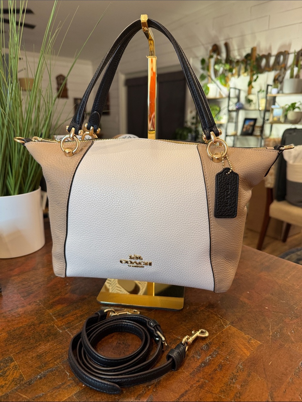 Coach Colorblock Pebbled Leather Satchel in Cream, Beige & Black